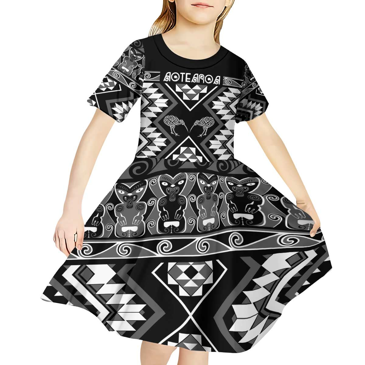 Personalised Taniko Motifs Aotearoa Kid Short Sleeve Dress Waitangi Kowhaiwhai Kiwi - Monochrome LT7 - Polynesian Pride