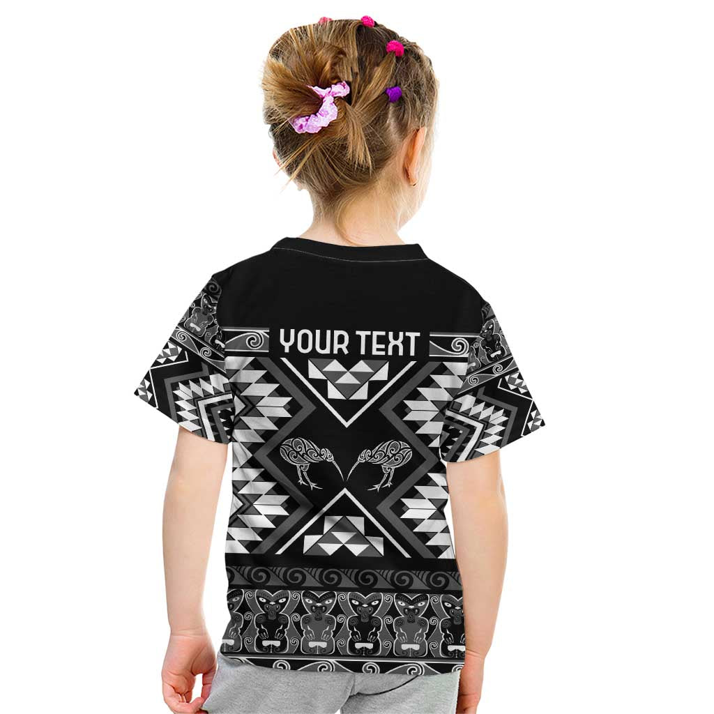 Personalised Taniko Motifs Aotearoa Kid T Shirt Waitangi Kowhaiwhai Kiwi - Monochrome