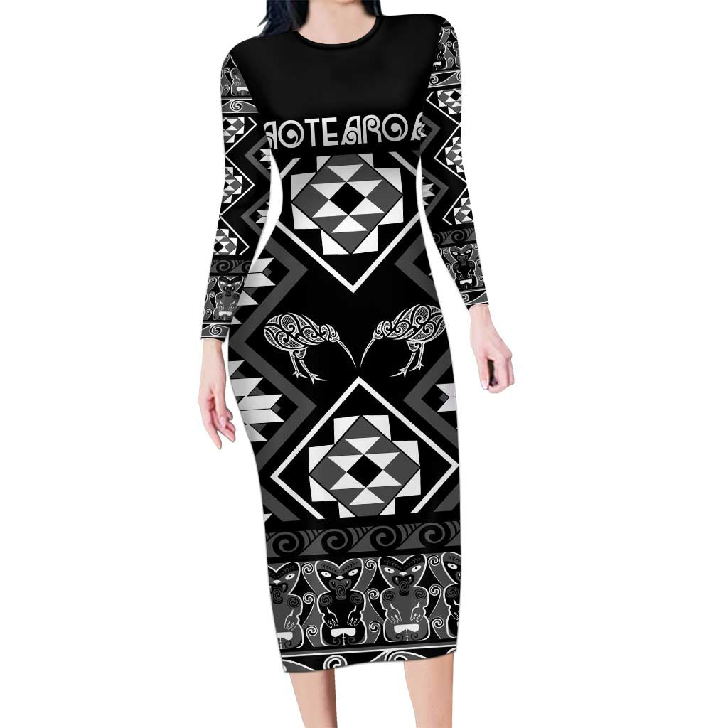 Personalised Taniko Motifs Aotearoa Long Sleeve Bodycon Dress Waitangi Kowhaiwhai Kiwi - Monochrome LT7 Long Dress Grey - Polynesian Pride