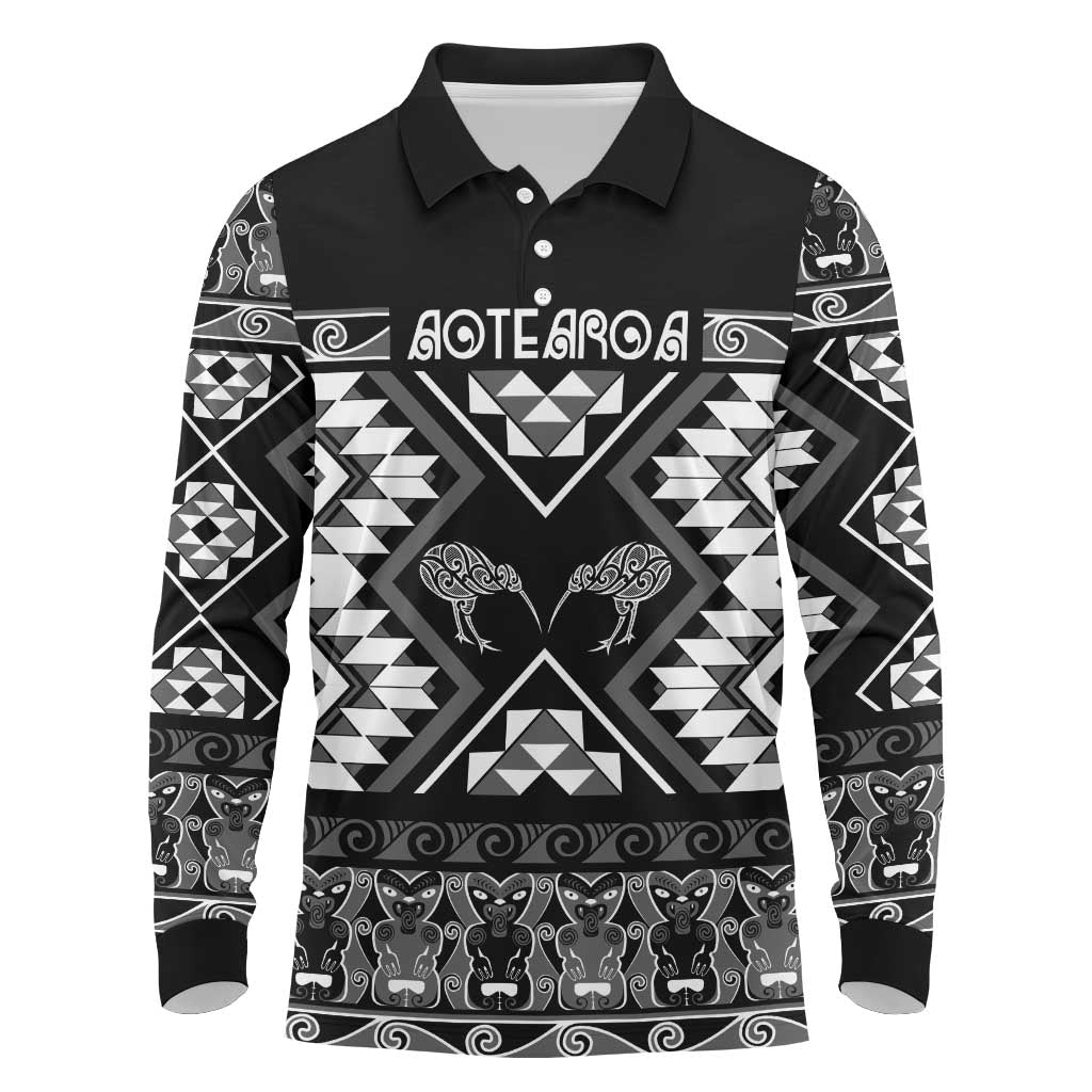 Personalised Taniko Motifs Aotearoa Long Sleeve Polo Shirt Waitangi Kowhaiwhai Kiwi - Monochrome LT7 Grey - Polynesian Pride