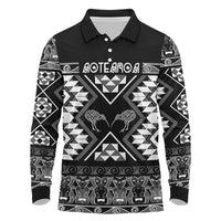 Personalised Taniko Motifs Aotearoa Long Sleeve Polo Shirt Waitangi Kowhaiwhai Kiwi - Monochrome LT7 Grey - Polynesian Pride