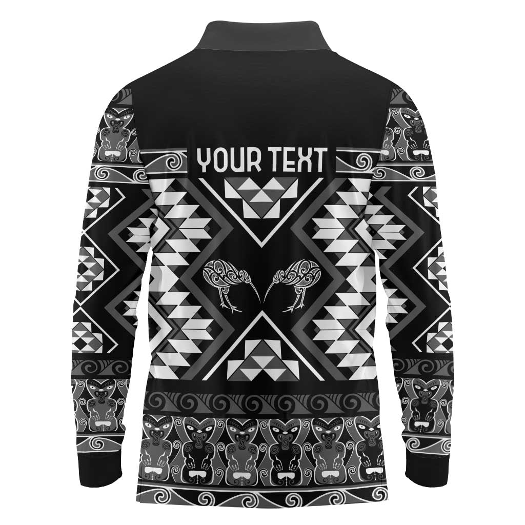 Personalised Taniko Motifs Aotearoa Long Sleeve Polo Shirt Waitangi Kowhaiwhai Kiwi - Monochrome LT7 - Polynesian Pride