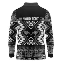 Personalised Taniko Motifs Aotearoa Long Sleeve Polo Shirt Waitangi Kowhaiwhai Kiwi - Monochrome LT7 - Polynesian Pride