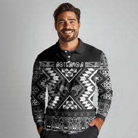 Personalised Taniko Motifs Aotearoa Long Sleeve Polo Shirt Waitangi Kowhaiwhai Kiwi - Monochrome LT7 - Polynesian Pride