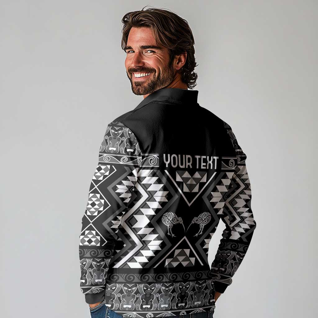 Personalised Taniko Motifs Aotearoa Long Sleeve Polo Shirt Waitangi Kowhaiwhai Kiwi - Monochrome LT7 - Polynesian Pride