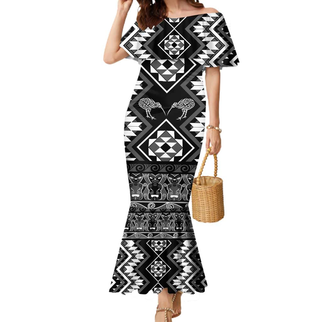 Personalised Taniko Motifs Aotearoa Mermaid Dress Waitangi Kowhaiwhai Kiwi - Monochrome LT7 Women Grey - Polynesian Pride