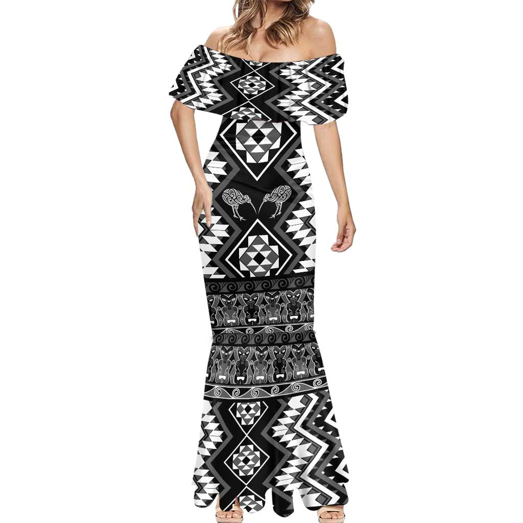Personalised Taniko Motifs Aotearoa Mermaid Dress Waitangi Kowhaiwhai Kiwi - Monochrome LT7 - Polynesian Pride