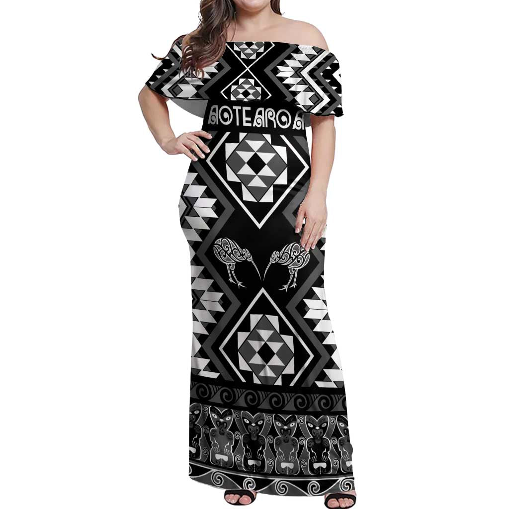 Personalised Taniko Motifs Aotearoa Off Shoulder Maxi Dress Waitangi Kowhaiwhai Kiwi - Monochrome LT7 Women Grey - Polynesian Pride