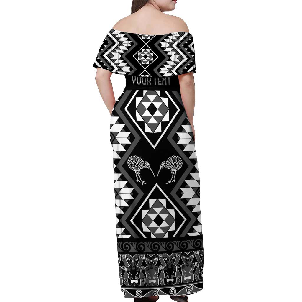 Personalised Taniko Motifs Aotearoa Off Shoulder Maxi Dress Waitangi Kowhaiwhai Kiwi - Monochrome LT7 - Polynesian Pride