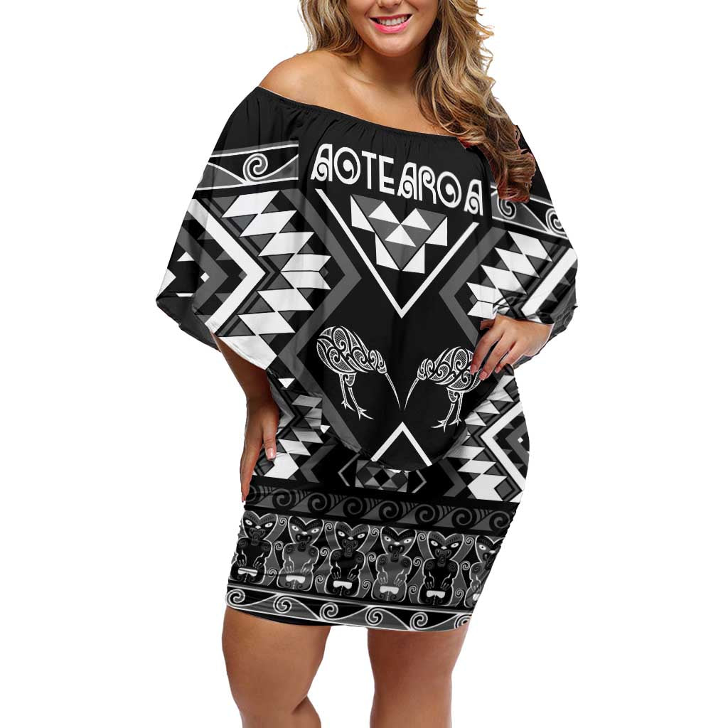 Personalised Taniko Motifs Aotearoa Off Shoulder Short Dress Waitangi Kowhaiwhai Kiwi - Monochrome LT7 Women Grey - Polynesian Pride