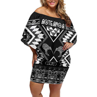 Personalised Taniko Motifs Aotearoa Off Shoulder Short Dress Waitangi Kowhaiwhai Kiwi - Monochrome LT7 Women Grey - Polynesian Pride