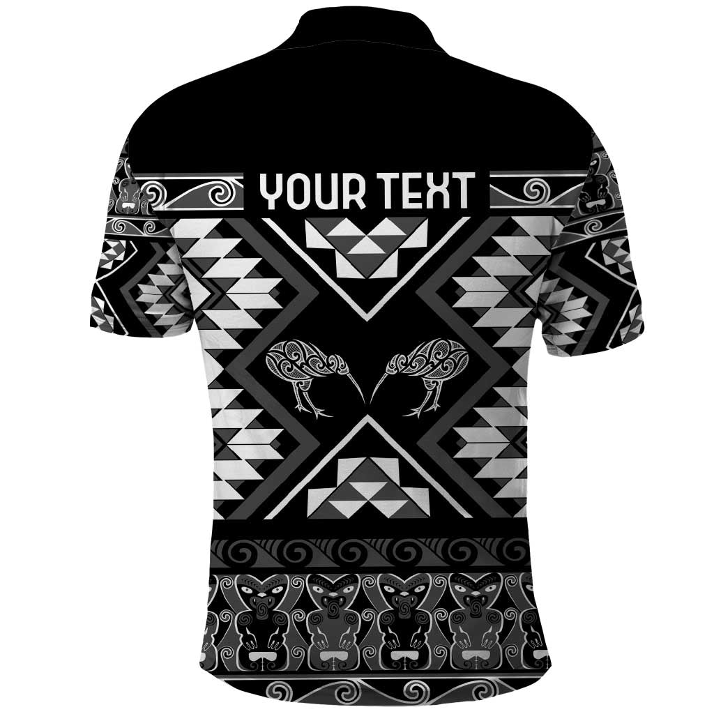 Personalised Taniko Motifs Aotearoa Polo Shirt Waitangi Kowhaiwhai Kiwi - Monochrome LT7 - Polynesian Pride