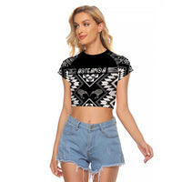 Personalised Taniko Motifs Aotearoa Raglan Cropped T Shirt Waitangi Kowhaiwhai Kiwi - Monochrome LT7 Female Grey - Polynesian Pride