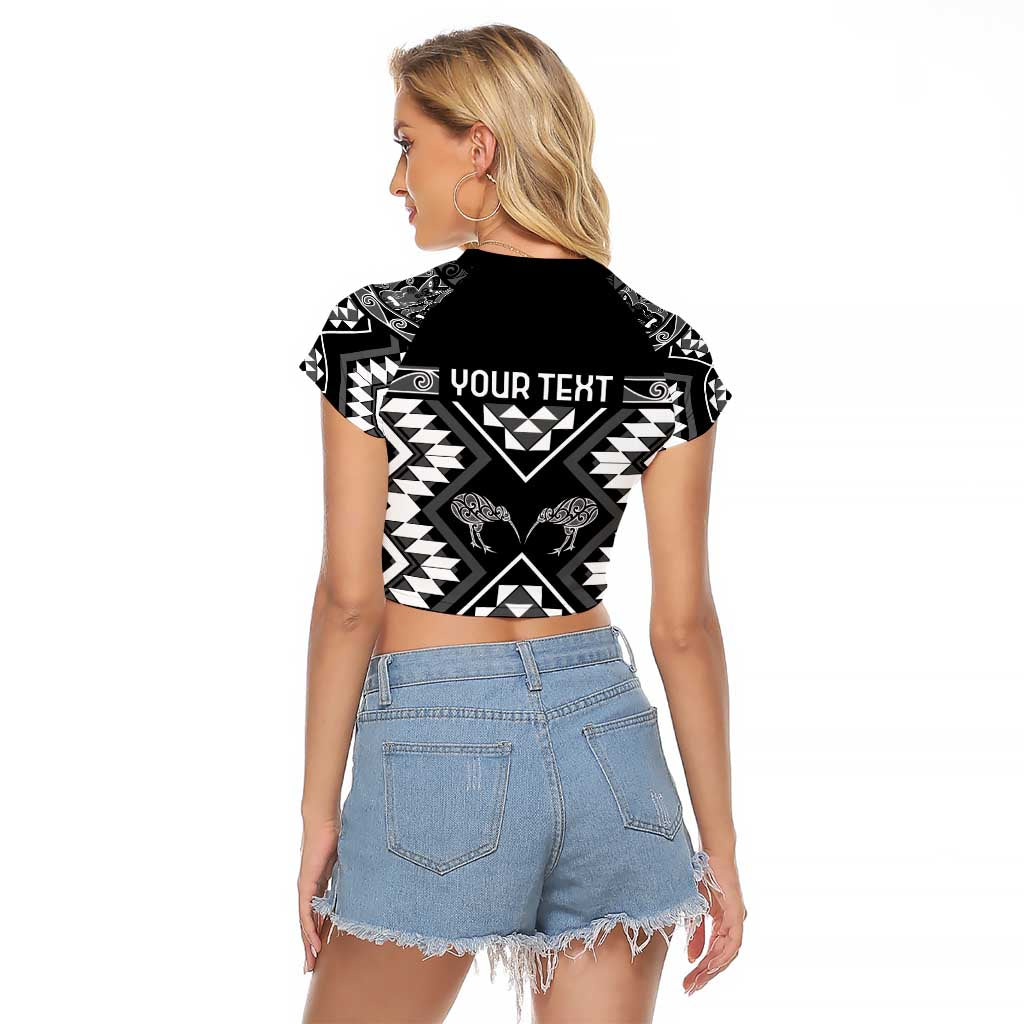 Personalised Taniko Motifs Aotearoa Raglan Cropped T Shirt Waitangi Kowhaiwhai Kiwi - Monochrome LT7 - Polynesian Pride
