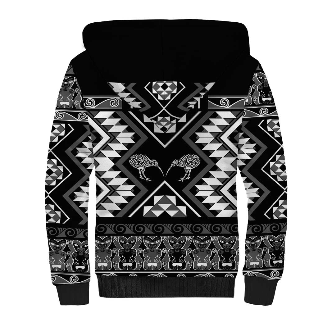 Personalised Taniko Motifs Aotearoa Sherpa Hoodie Waitangi Kowhaiwhai Kiwi - Monochrome LT7 - Polynesian Pride
