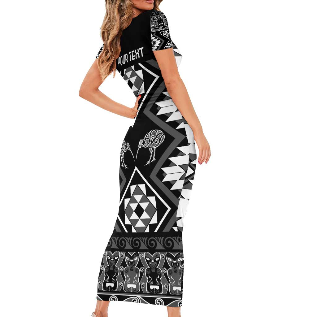 Personalised Taniko Motifs Aotearoa Short Sleeve Bodycon Dress Waitangi Kowhaiwhai Kiwi - Monochrome LT7 - Polynesian Pride