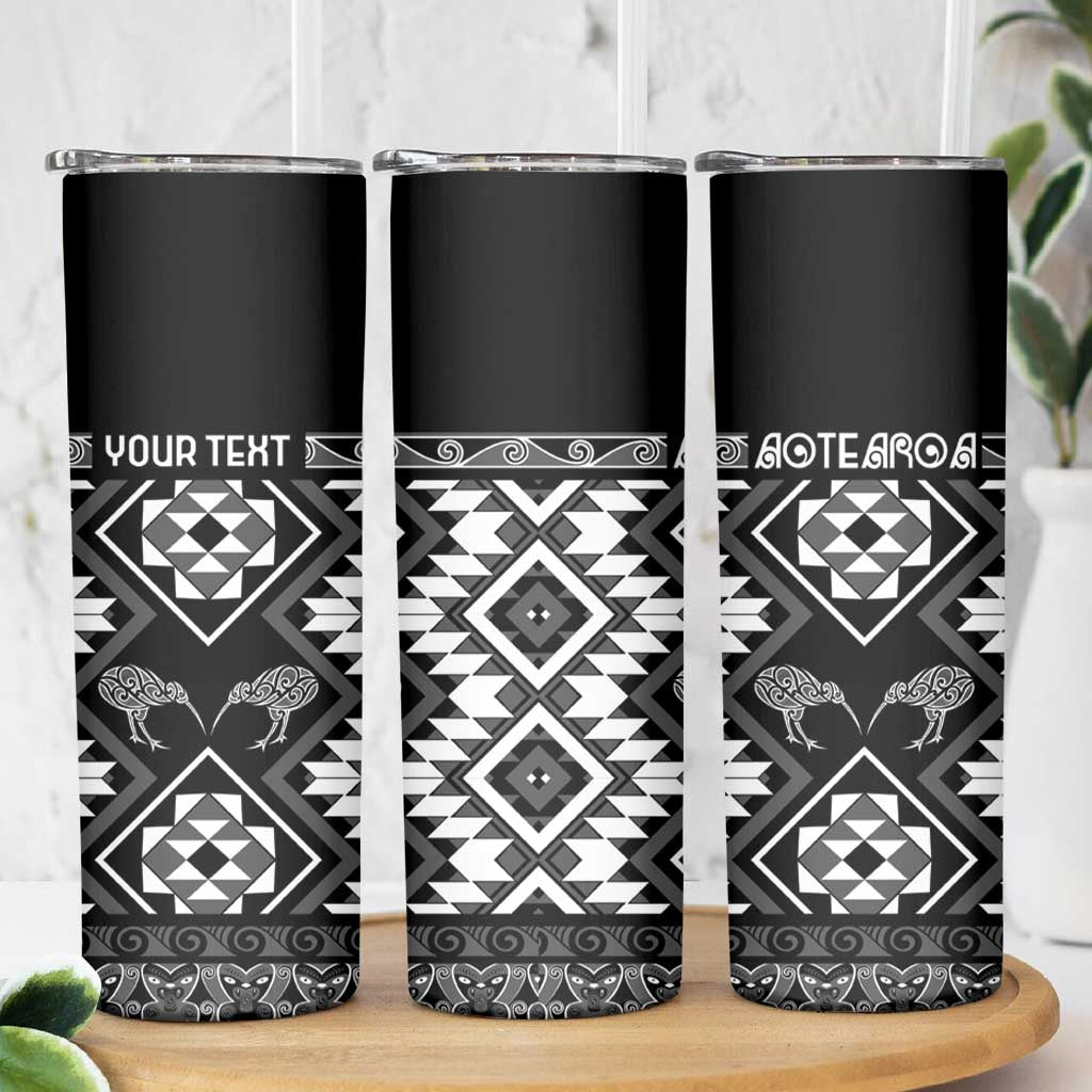 Personalised Taniko Motifs Aotearoa Skinny Tumbler Waitangi Kowhaiwhai Kiwi - Monochrome LT7 - Polynesian Pride
