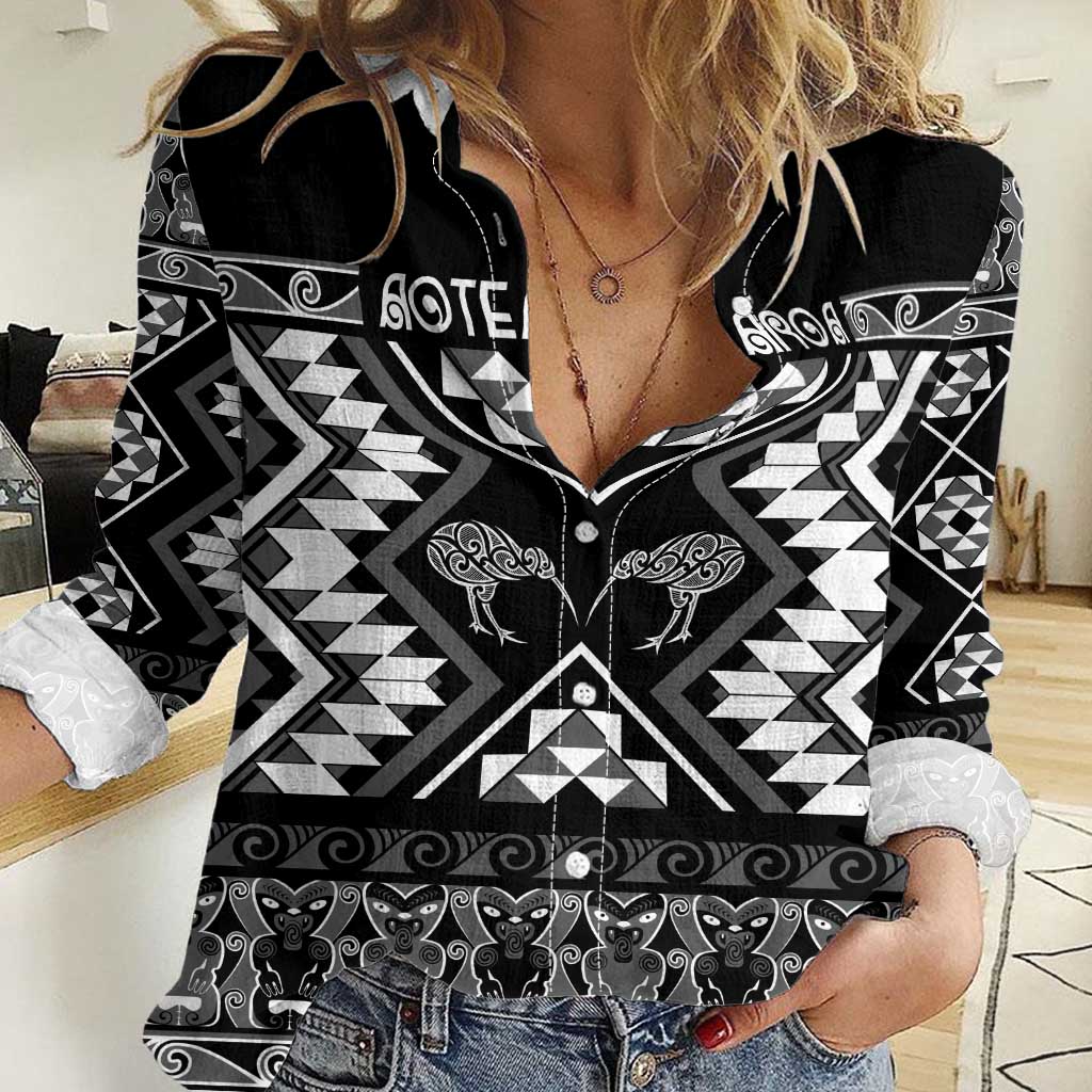 Personalised Taniko Motifs Aotearoa Women Casual Shirt Waitangi Kowhaiwhai Kiwi - Monochrome LT7 Female Grey - Polynesian Pride