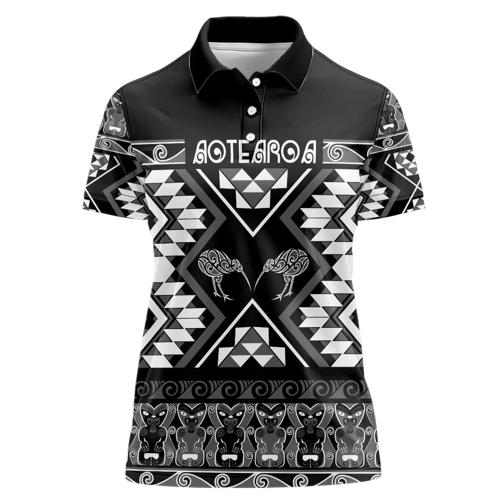 Personalised Taniko Motifs Aotearoa Women Polo Shirt Waitangi Kowhaiwhai Kiwi - Monochrome
