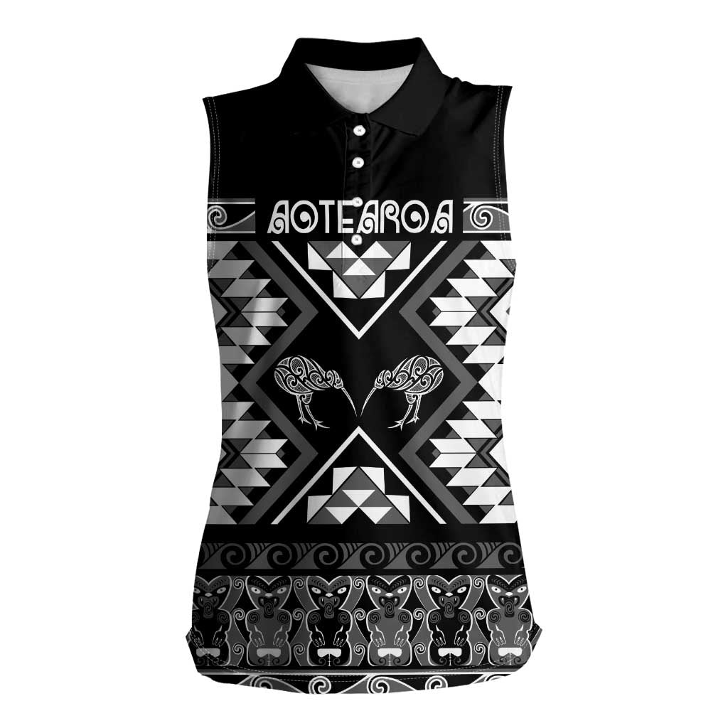 Personalised Taniko Motifs Aotearoa Women Sleeveless Polo Shirt Waitangi Kowhaiwhai Kiwi - Monochrome LT7 Female Grey - Polynesian Pride