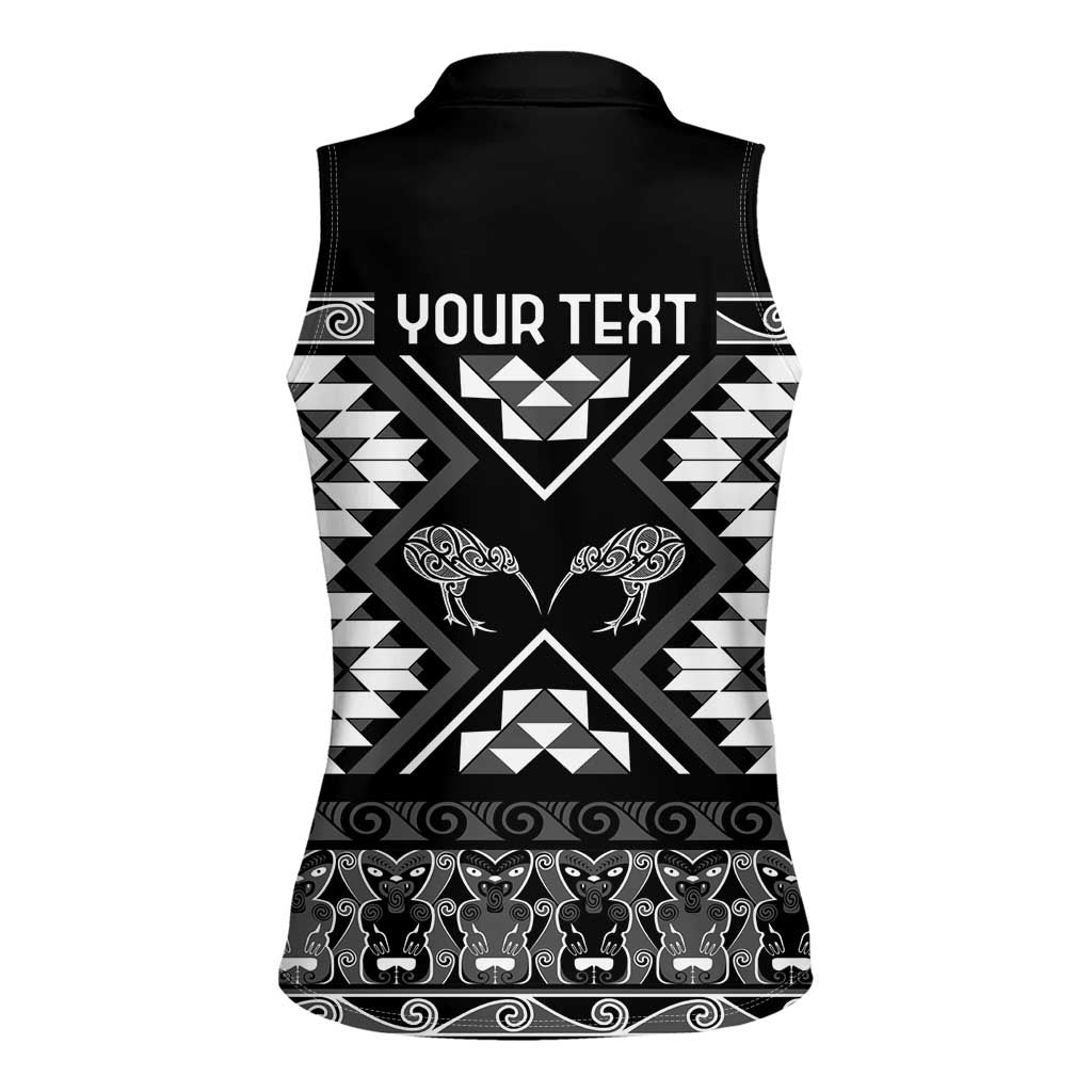 Personalised Taniko Motifs Aotearoa Women Sleeveless Polo Shirt Waitangi Kowhaiwhai Kiwi - Monochrome LT7 - Polynesian Pride