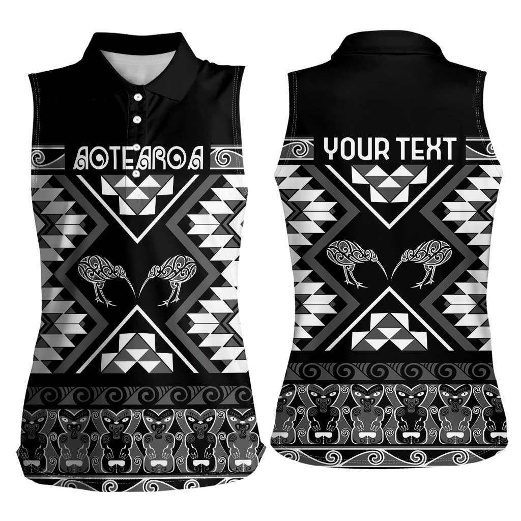 Personalised Taniko Motifs Aotearoa Women Sleeveless Polo Shirt Waitangi Kowhaiwhai Kiwi - Monochrome LT7 - Polynesian Pride