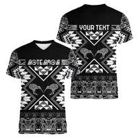 Personalised Taniko Motifs Aotearoa Women V-Neck T-Shirt Waitangi Kowhaiwhai Kiwi - Monochrome LT7 - Polynesian Pride