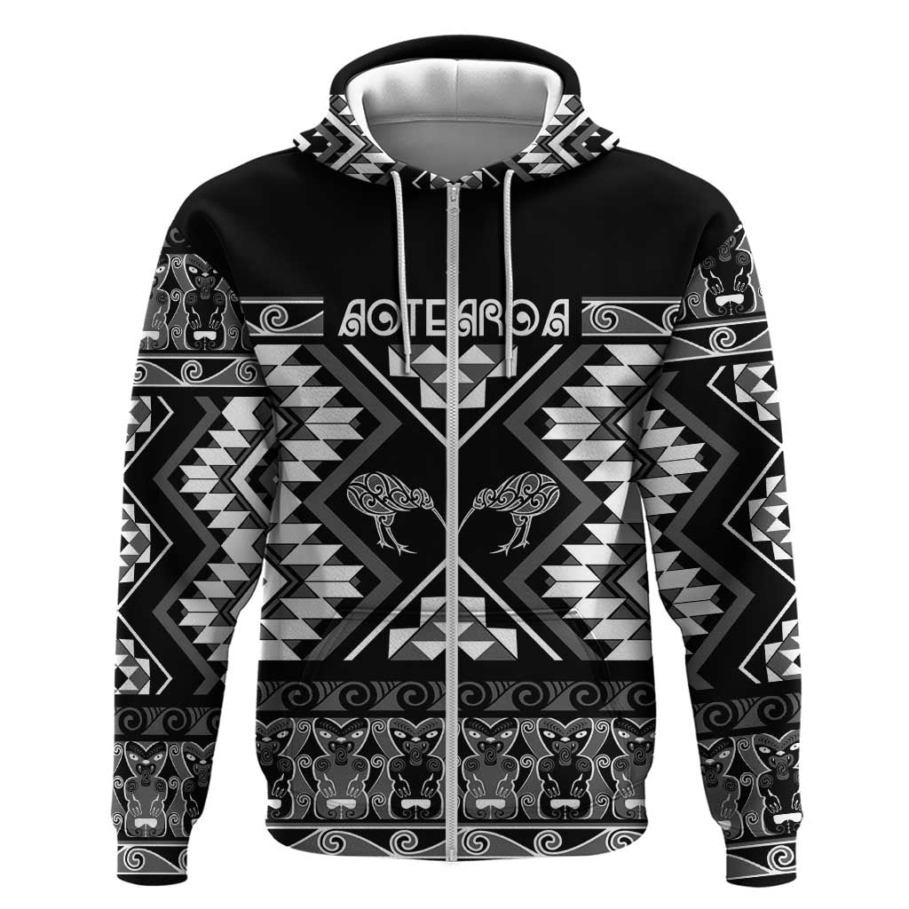 Personalised Taniko Motifs Aotearoa Zip Hoodie Waitangi Kowhaiwhai Kiwi - Monochrome LT7 Zip Hoodie Grey - Polynesian Pride