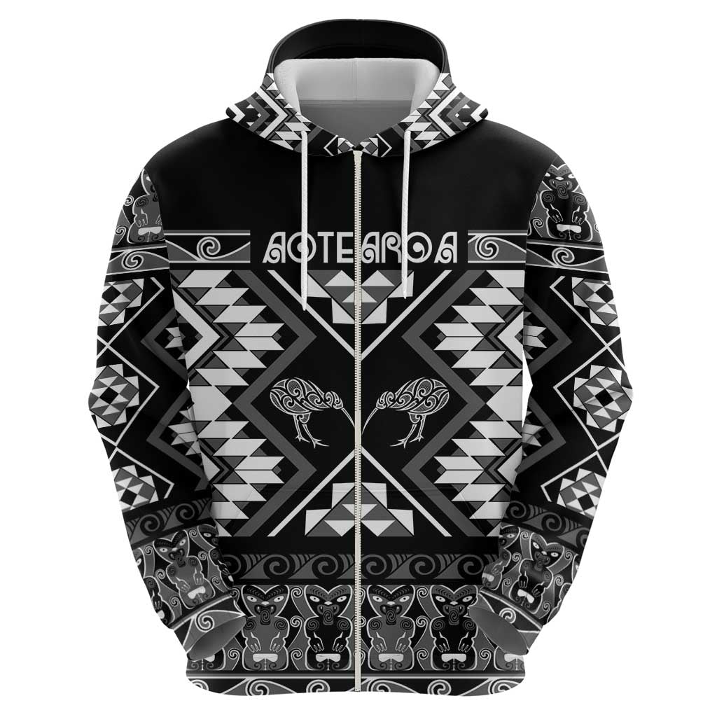 Personalised Taniko Motifs Aotearoa Zip Hoodie Waitangi Kowhaiwhai Kiwi - Monochrome LT7 - Polynesian Pride
