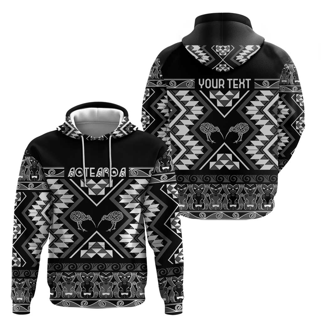 Personalised Taniko Motifs Aotearoa Zip Hoodie Waitangi Kowhaiwhai Kiwi - Monochrome LT7 - Polynesian Pride