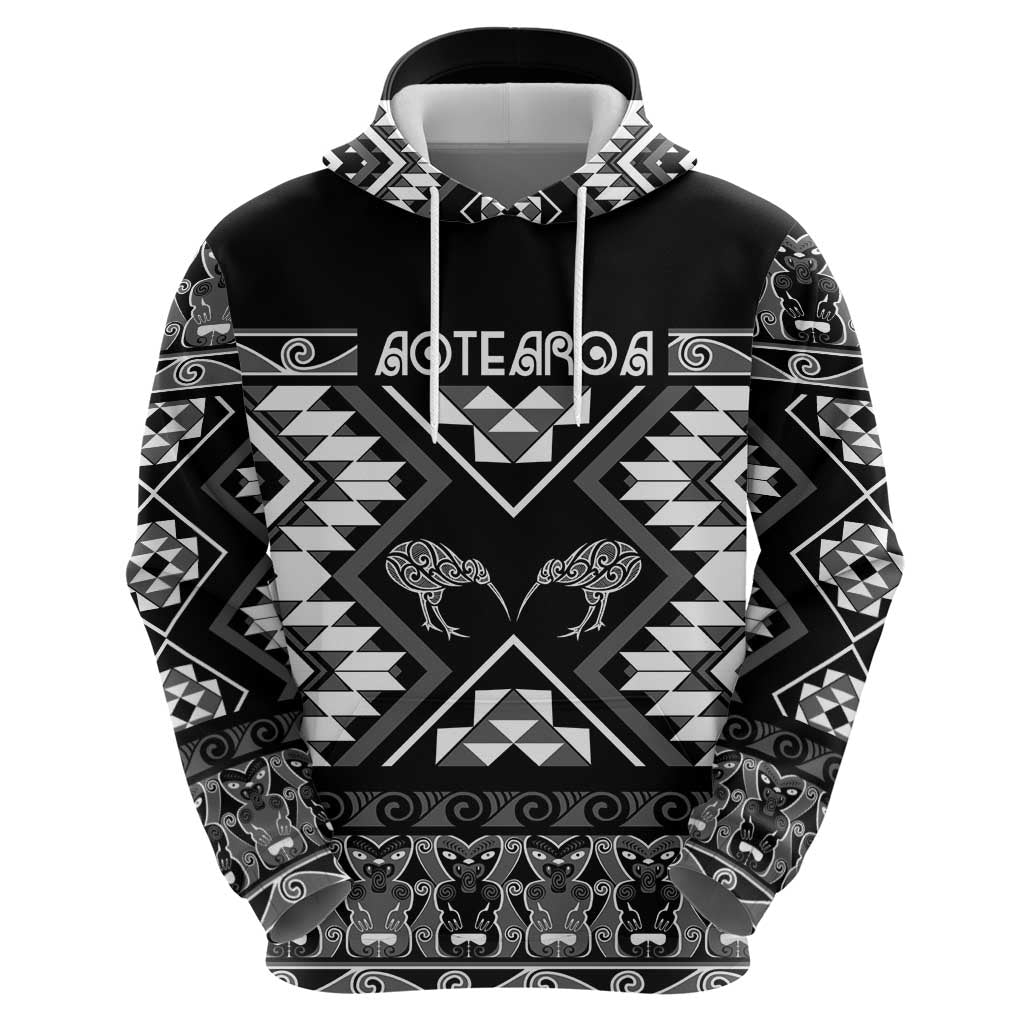 Personalised Taniko Motifs Aotearoa Zip Hoodie Waitangi Kowhaiwhai Kiwi - Monochrome LT7 - Polynesian Pride