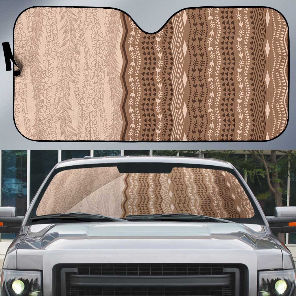 Vintage Beige Hawaiian Traditional Kapa Mix Flowers Lei Auto Sun Shade