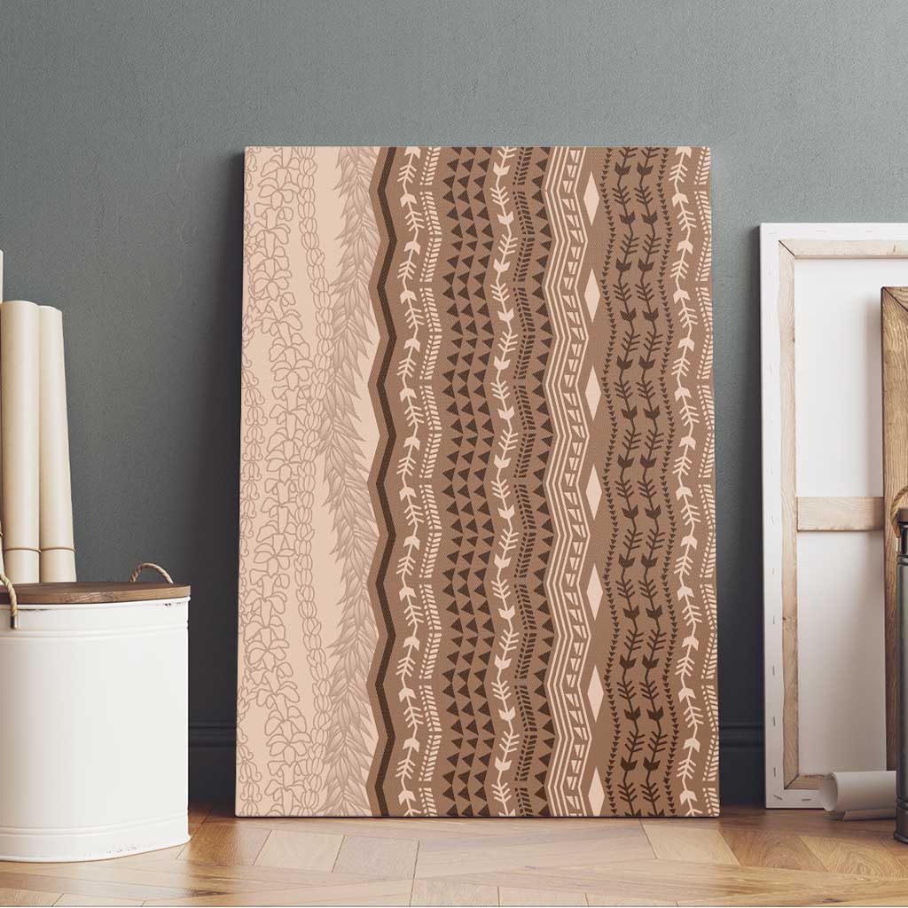 Vintage Beige Hawaiian Traditional Kapa Mix Flowers Lei Canvas Wall Art