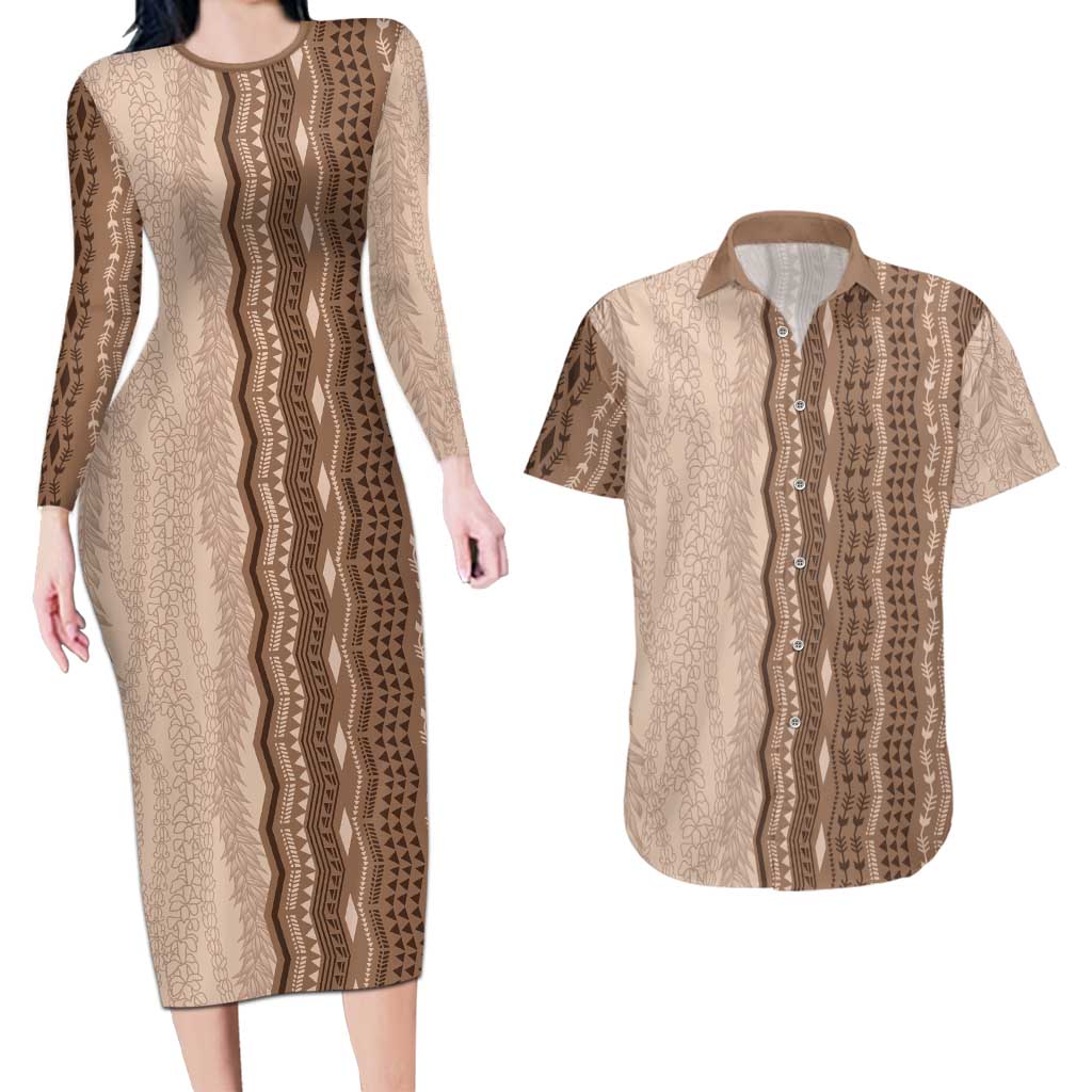 Vintage Beige Hawaiian Traditional Kapa Mix Flowers Lei Couples Matching Long Sleeve Bodycon Dress and Hawaiian Shirt LT7 Beige - Polynesian Pride