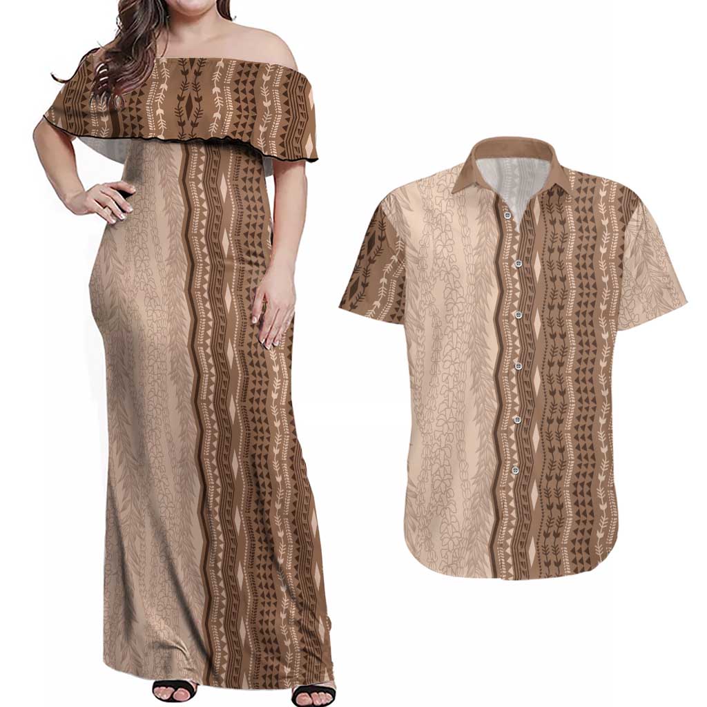 Vintage Beige Hawaiian Traditional Kapa Mix Flowers Lei Couples Matching Off Shoulder Maxi Dress and Hawaiian Shirt LT7 Beige - Polynesian Pride