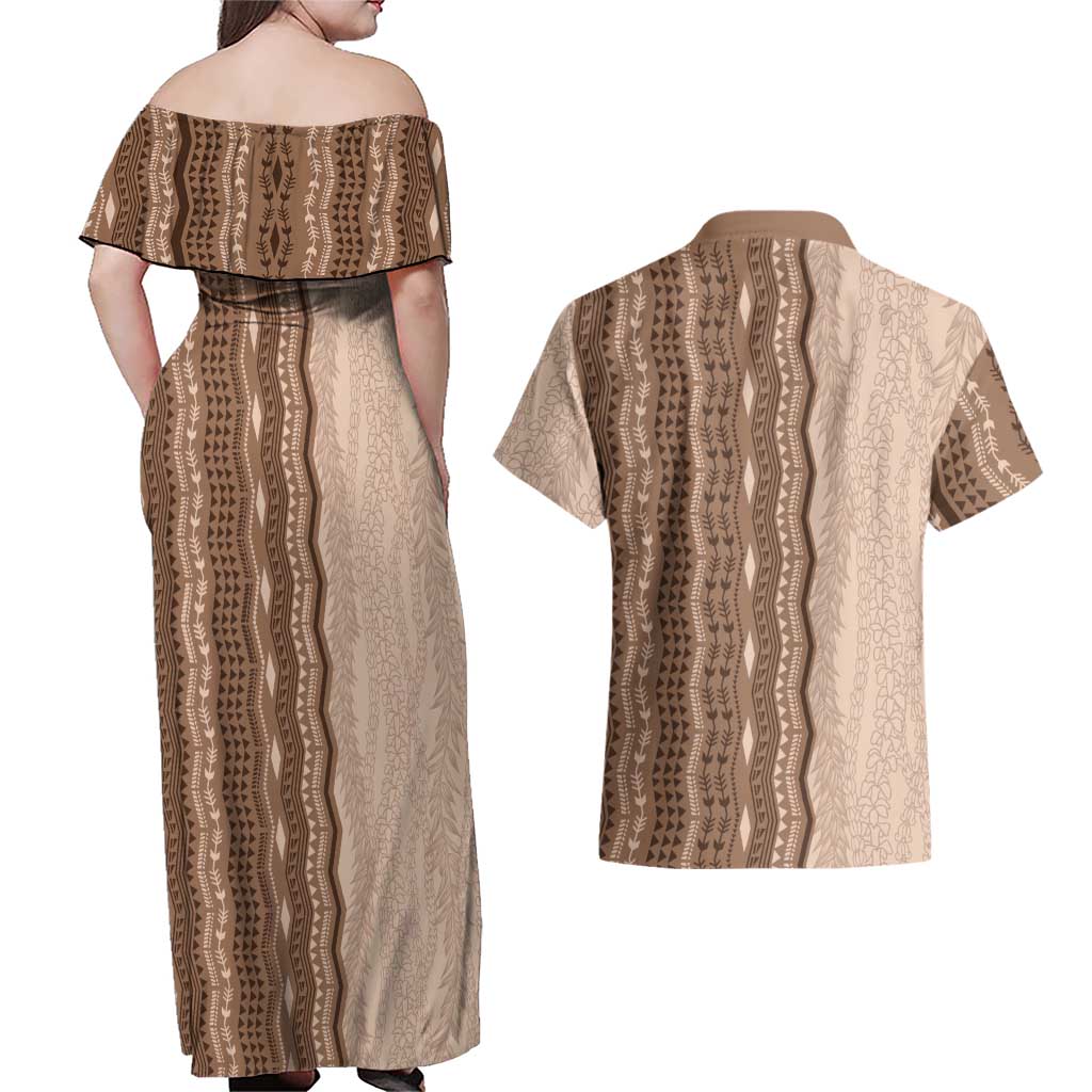Vintage Beige Hawaiian Traditional Kapa Mix Flowers Lei Couples Matching Off Shoulder Maxi Dress and Hawaiian Shirt LT7 - Polynesian Pride