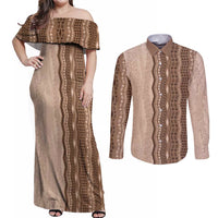 Vintage Beige Hawaiian Traditional Kapa Mix Flowers Lei Couples Matching Off Shoulder Maxi Dress and Long Sleeve Button Shirt LT7 Beige - Polynesian Pride