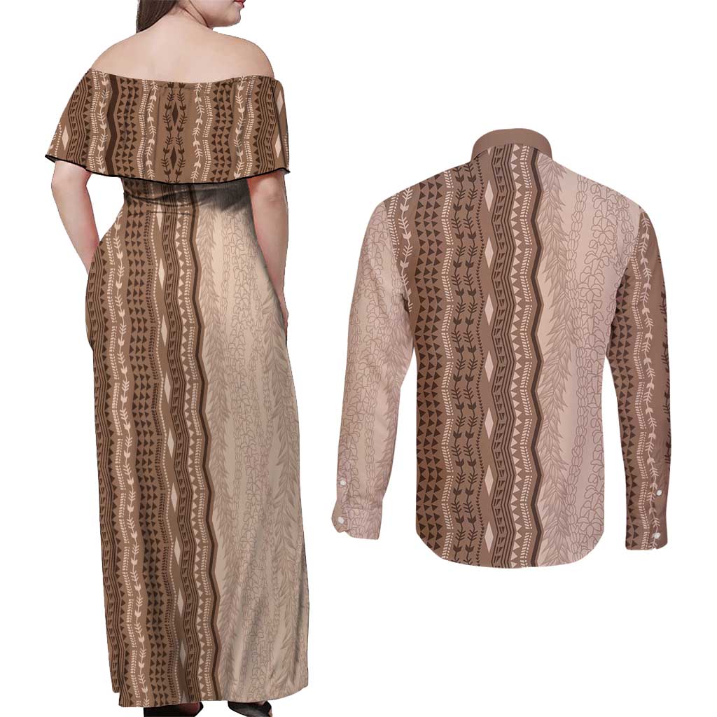 Vintage Beige Hawaiian Traditional Kapa Mix Flowers Lei Couples Matching Off Shoulder Maxi Dress and Long Sleeve Button Shirt LT7 - Polynesian Pride