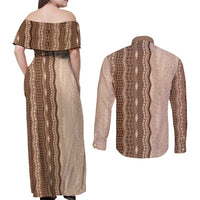 Vintage Beige Hawaiian Traditional Kapa Mix Flowers Lei Couples Matching Off Shoulder Maxi Dress and Long Sleeve Button Shirt LT7 - Polynesian Pride
