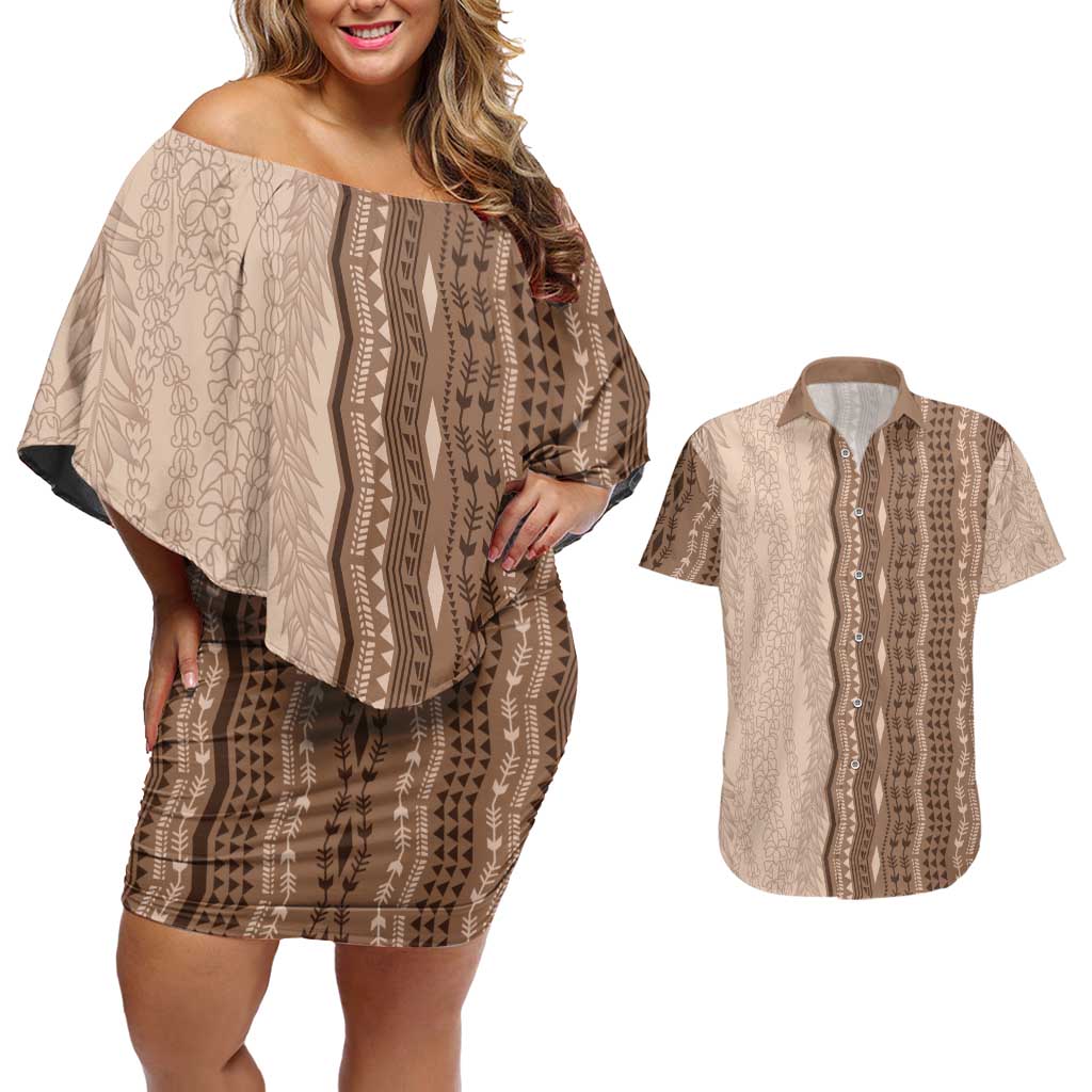 Vintage Beige Hawaiian Traditional Kapa Mix Flowers Lei Couples Matching Off Shoulder Short Dress and Hawaiian Shirt LT7 Beige - Polynesian Pride