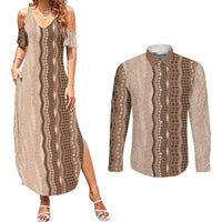 Vintage Beige Hawaiian Traditional Kapa Mix Flowers Lei Couples Matching Summer Maxi Dress and Long Sleeve Button Shirt LT7 Beige - Polynesian Pride
