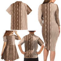 Vintage Beige Hawaiian Traditional Kapa Mix Flowers Lei Family Matching Long Sleeve Bodycon Dress and Hawaiian Shirt LT7 - Polynesian Pride
