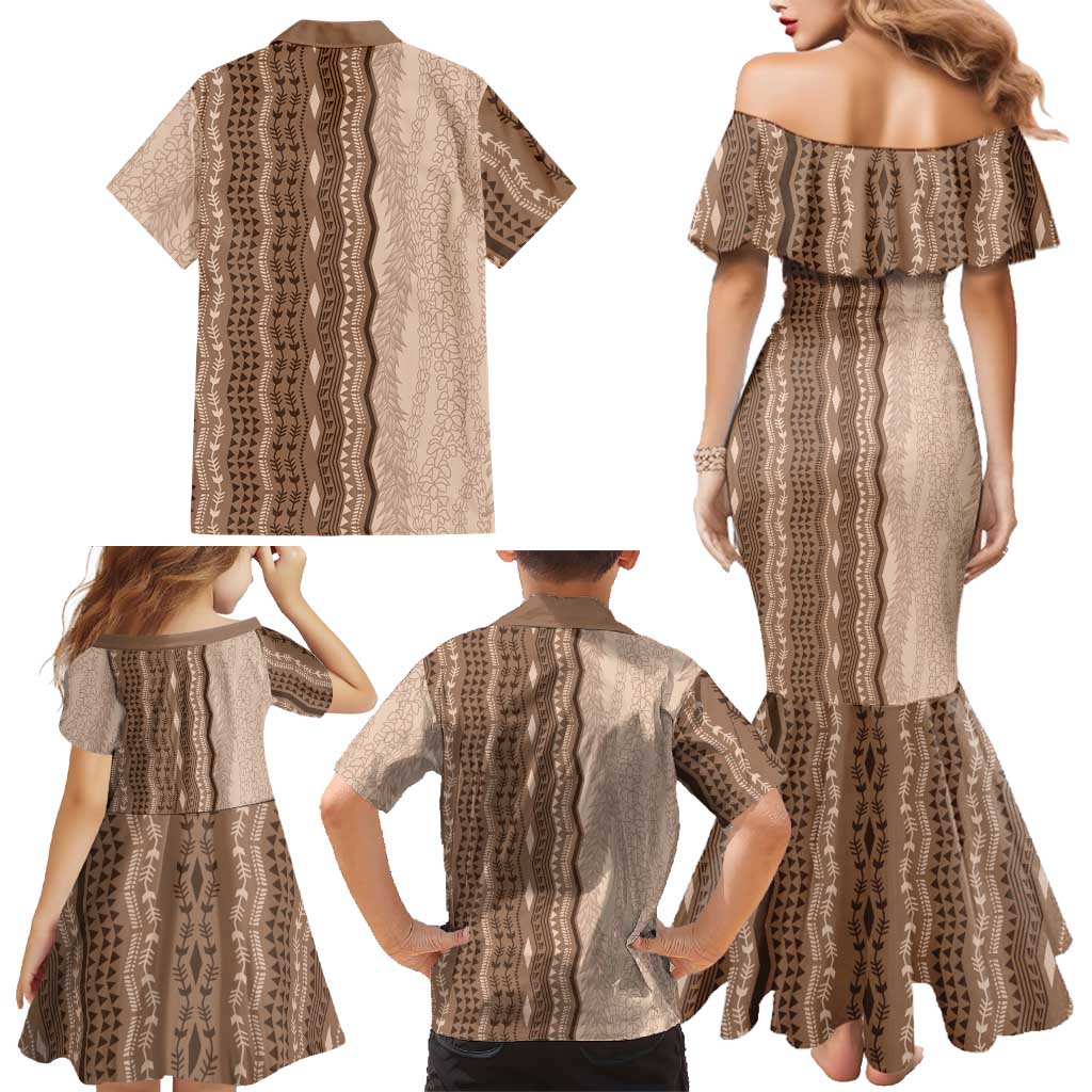 Vintage Beige Hawaiian Traditional Kapa Mix Flowers Lei Family Matching Mermaid Dress and Hawaiian Shirt LT7 - Polynesian Pride