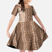 Vintage Beige Hawaiian Traditional Kapa Mix Flowers Lei Family Matching Off The Shoulder Long Sleeve Dress and Hawaiian Shirt LT7 Daughter's Dress Beige - Polynesian Pride