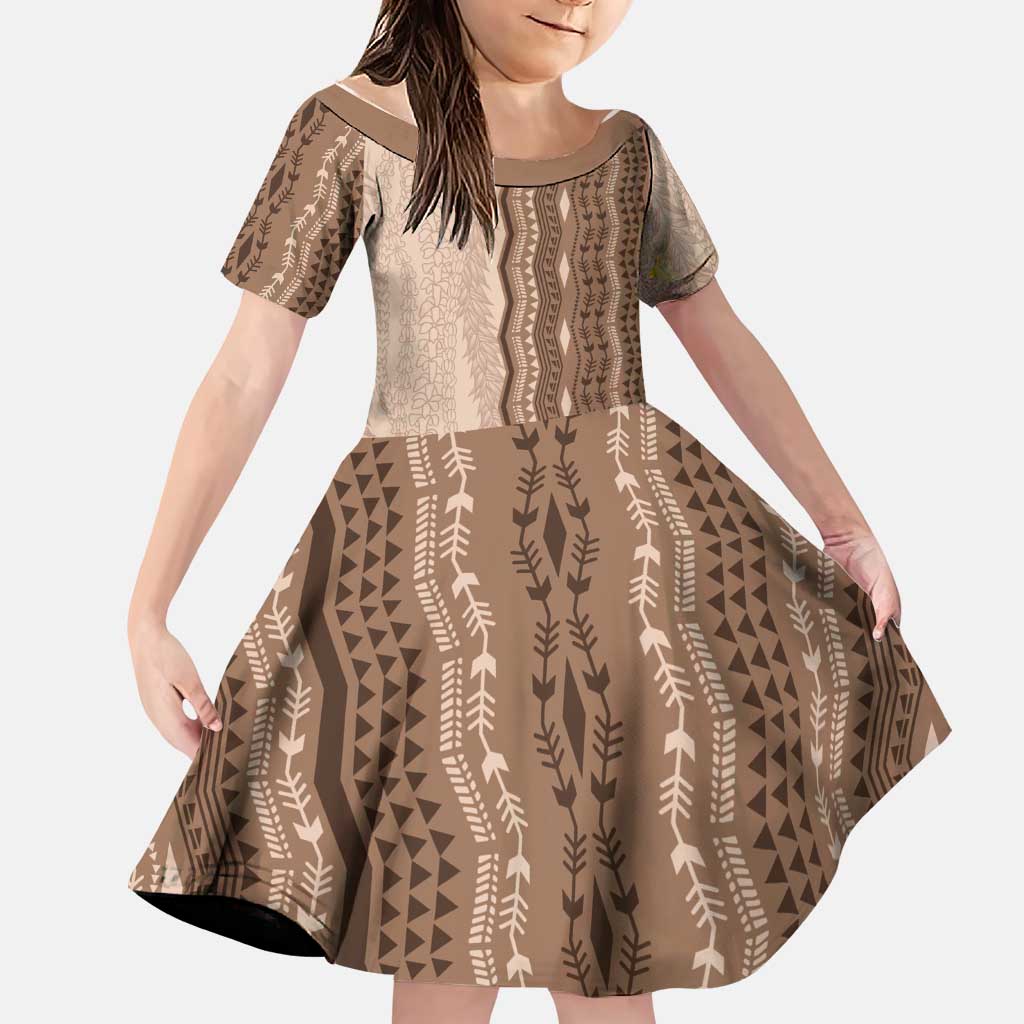 Vintage Beige Hawaiian Traditional Kapa Mix Flowers Lei Family Matching Off Shoulder Maxi Dress and Hawaiian Shirt LT7 Daughter's Dress Beige - Polynesian Pride
