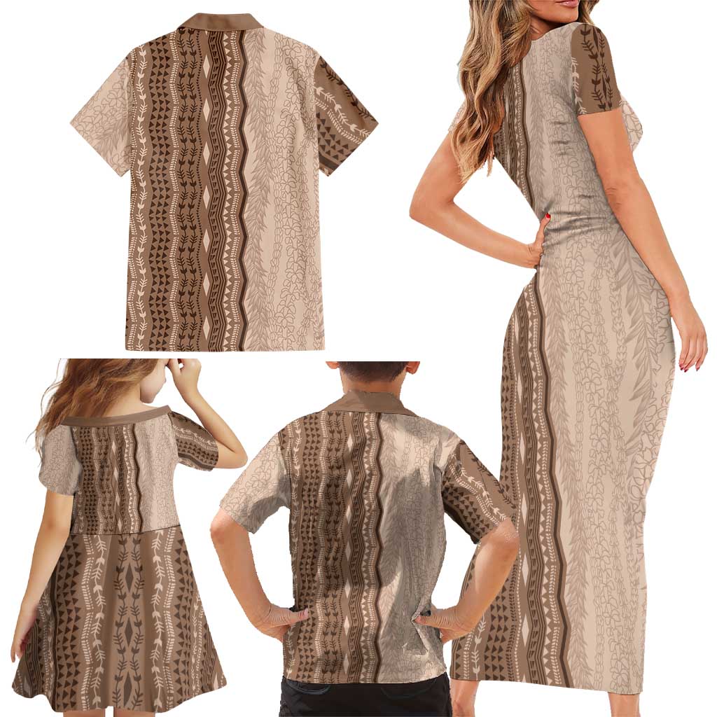 Vintage Beige Hawaiian Traditional Kapa Mix Flowers Lei Family Matching Short Sleeve Bodycon Dress and Hawaiian Shirt LT7 - Polynesian Pride