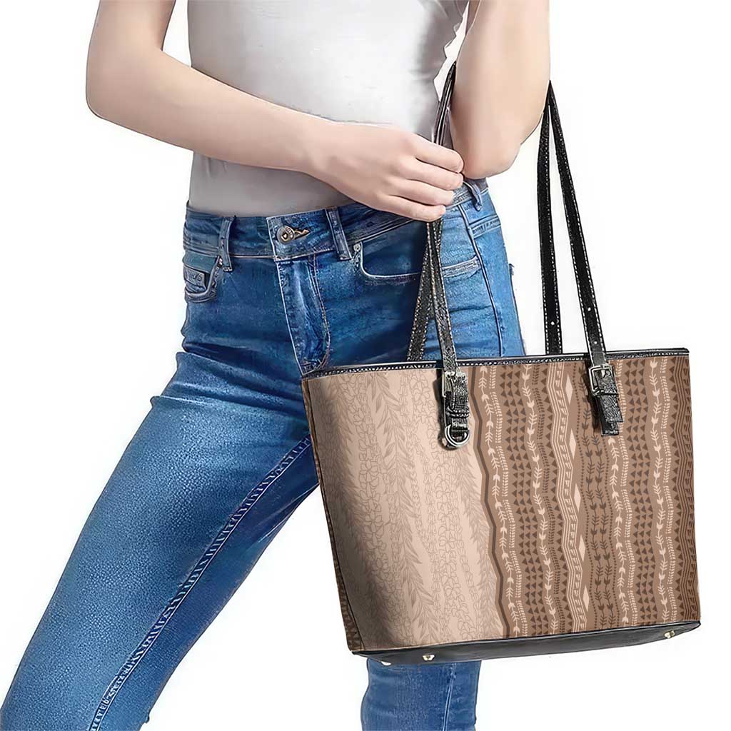 Vintage Beige Hawaiian Traditional Kapa Mix Flowers Lei Leather Tote Bag