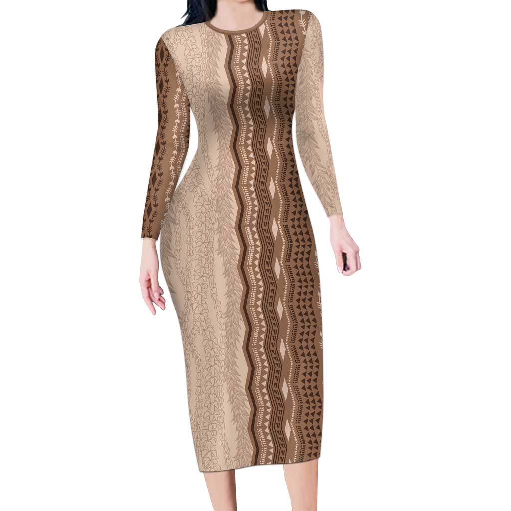 Vintage Beige Hawaiian Traditional Kapa Mix Flowers Lei Long Sleeve Bodycon Dress LT7 Long Dress Beige - Polynesian Pride