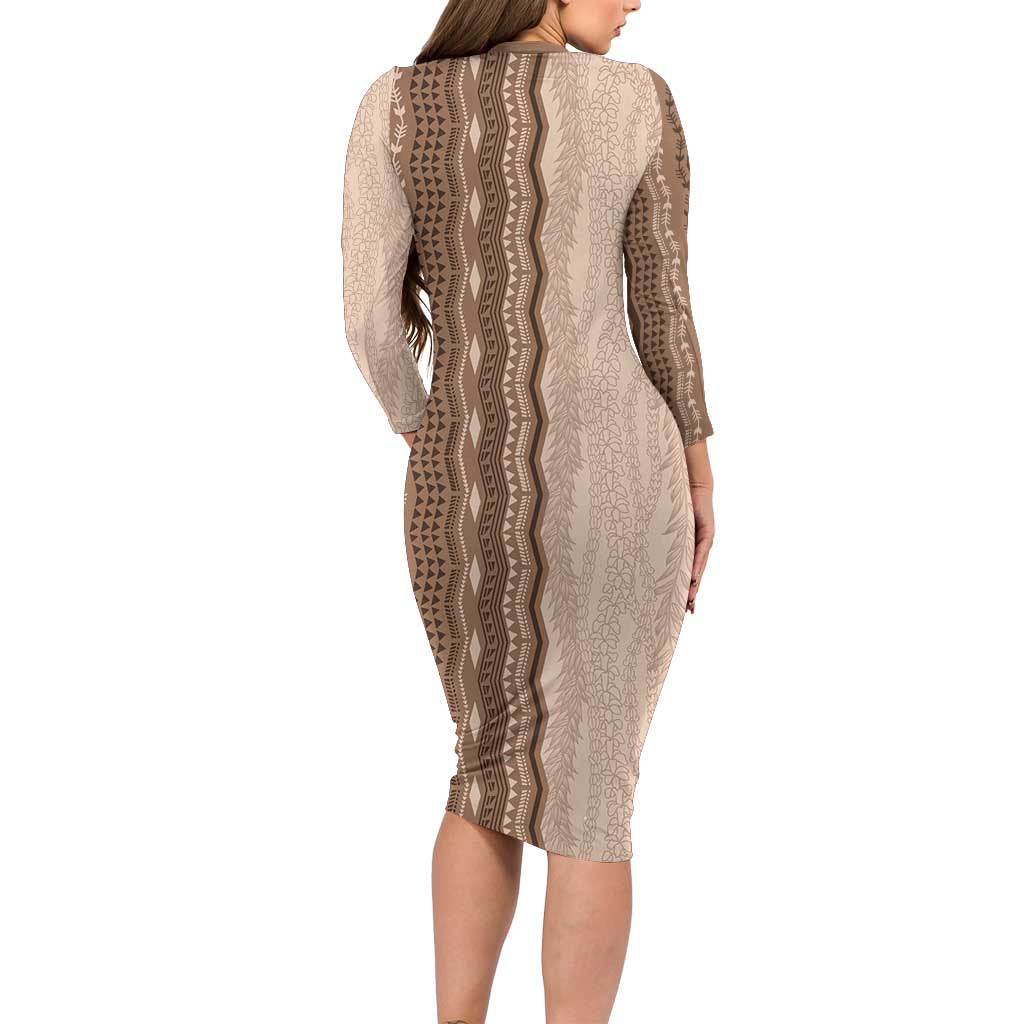 Vintage Beige Hawaiian Traditional Kapa Mix Flowers Lei Long Sleeve Bodycon Dress LT7 - Polynesian Pride