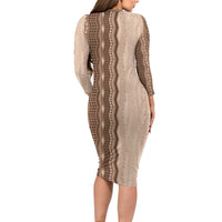 Vintage Beige Hawaiian Traditional Kapa Mix Flowers Lei Long Sleeve Bodycon Dress LT7 - Polynesian Pride